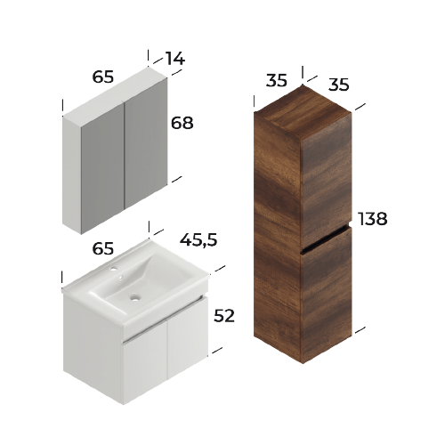 Defne Matt White 65 cm Bathroom Cabinet Set