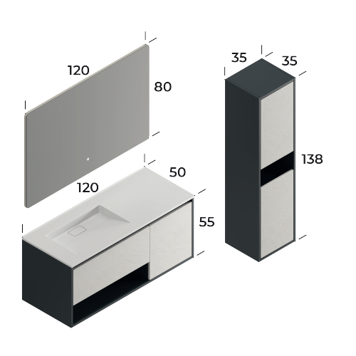 Duru Matt Antracite / Slate Cream 120 cm Bathroom Cabinet Set