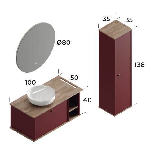 Arma Matt Cherry / Wood 100 cm Bathroom Cabinet Set