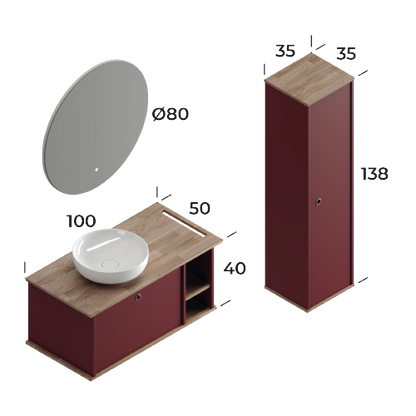 Arma Matt Cherry / Wood 100 cm Bathroom Cabinet Set