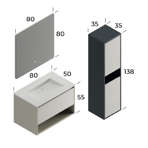 Duru Matt Silk Grey / Slate Cream 80 cm Bathroom Cabinet Set