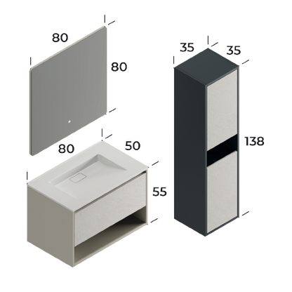 Duru Matt Silk Grey / Slate Cream 80 cm Bathroom Cabinet Set