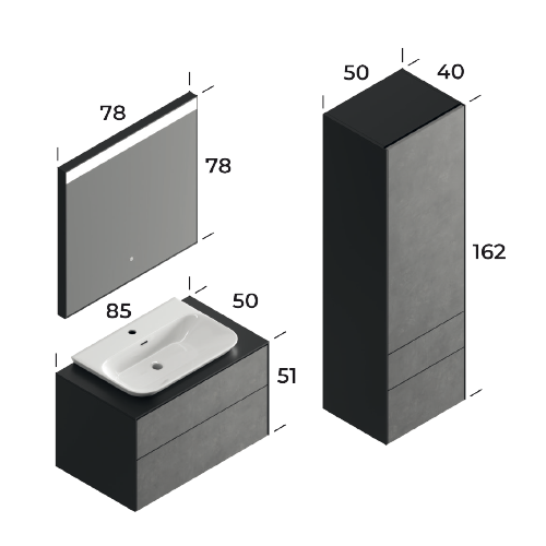 Rodos Grey/Black 85 cm Bathroom Cabinet Set